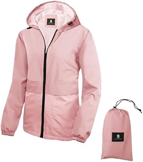 SaphiRose Lightweight Rain Jacket Women Waterproof Raincoat Packable Hooded Windbreaker (Pink,Small)