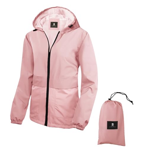 SaphiRose Lightweight Rain Jacket Women Waterproof Raincoat Packable Hooded Windbreaker (Pink,Small)