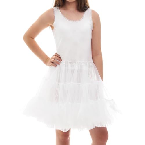 Valair Girls Hoopless Petticoat Dress Knee-Length Kids White Full Slip with Tutu Skirt, Cotton Top, and Nylon Bottom