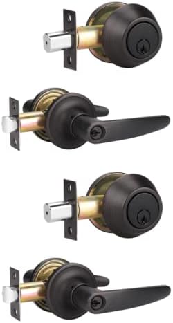 Probrico Straight Door Handleset Levers with Single Cylinder Deadbolts Combo, Keyed Alike Entry Door Handles Lockset, Reversible Door Knobs for Right & Left Side, Oil Rubbed Bronze, 2 Pack