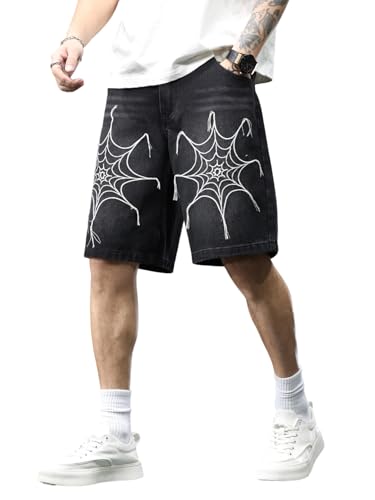 DFGIGT Mens Womens Jorts Baggy Loose Fit Jean Shorts Wide Leg Denim Shorts Strings Y2k Summer Shorts Hip Hop Straight Leg Streetwear Word Print with Sayings 7 Inch Inseam Capri,E12 Black,Small