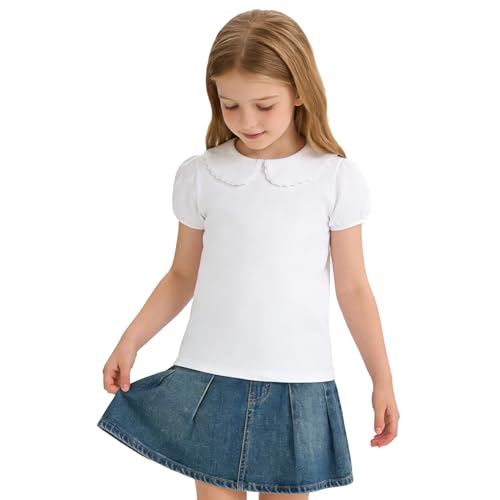 Image of 12M-14Y Toddler Baby Girls Peter Pan Collar Blouse Kids Girl Solid Color Puff Sleeve T-Shirts Casual Tee Tops