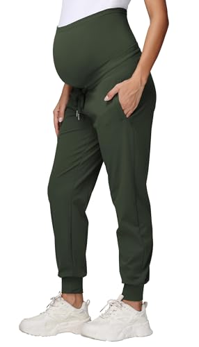 Gowjog Pantalones de maternidad para mujer, pantalones de chándal con cordón, bolsillos, pantalones de embarazo, correr, lounge o entrenamiento, Verde militar., M