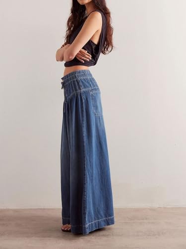 utcoco Women's 2025 Pleated Mid-Rise Buttons Drawstring Maxi Wide Leg Jeans4