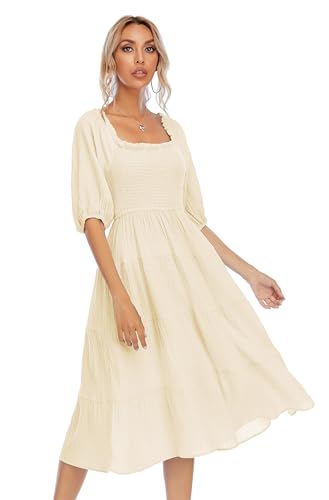 Image of R.Vivimos Women's Summer Cotton Lantern Sleeves Ruffled Off Shoulder A-Line Midi Dresses