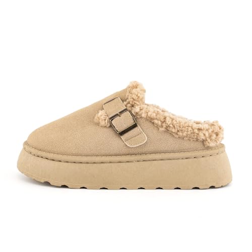 SIFINELAR Platform Slippers for Women Mini Ankle Booties Warm Fuzzy Slippers Brown Suede Boots with Platform Cozy Slides Lightweight Boots with Comfort for Jeans/Dress2