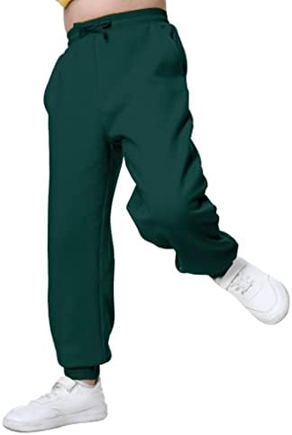 UNACOO Girls&Boys Sweat Pant with Pockets Elastic Waist Sweatpants Brushed Fleece Casual Joggers Pants for Kids Athletic Pants for Toddler Boys and Girls (Dark Green, m,(7-8 Years))