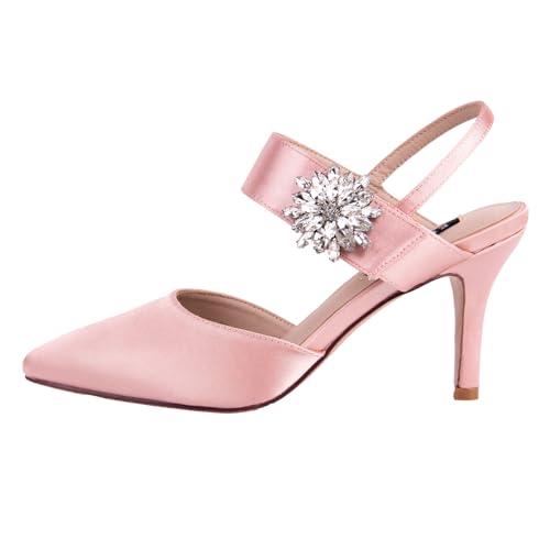 Image of ERIJUNOR Mid Heel Shoes for Women Pointed Toe Slingback Rhinestone Brooch Satin Dress Pumps Evening Prom Wedding Shoes