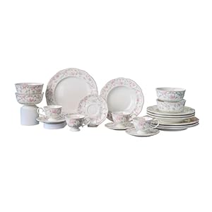Premium 20-piece, service for 4, ivory floral porcelain dinnerware set – La Vie En Rose collection