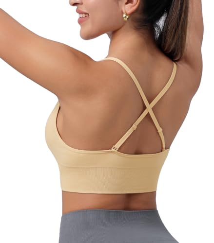 Image of Deep V-Neck Adjustable Women's Sports Bra | Wireless Longline Strappy Criss Cross Padded Spaghetti Straps Light Impact Workout Yoga Crop Top