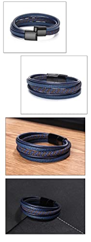 Goodern Mens Leather Bracelet Cowhide Braided Multi-Layer Wrap Bangle With Magnetic-Clasp - Blue Wristband Great Gift for Men