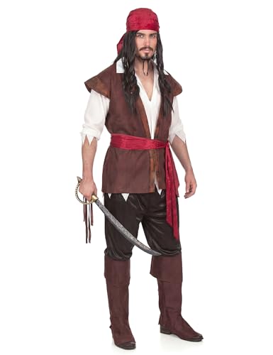 DEGUISE TOI - Déguisement pirate homme - Chemise/Gilet - Pantacourt - Bandana - Ceinture - Sur-bottes - L - Marron - Déguisements adultes - 100% Polyester - Laver à la main - Carnaval