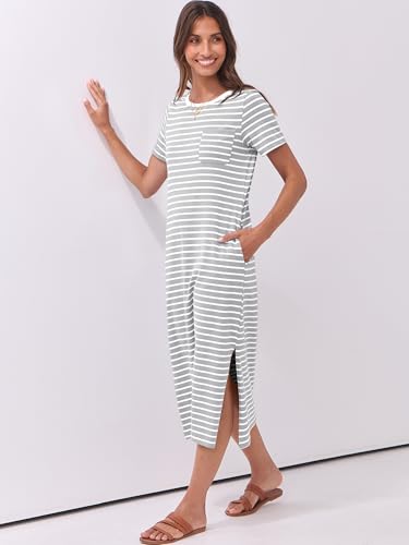 Image of ANRABESS Womens Midi Dress,Summer Long Tshirts Dresses,Short Sleeve Split Stripe,Comfy Travel Beach Vacation Casual Wear
