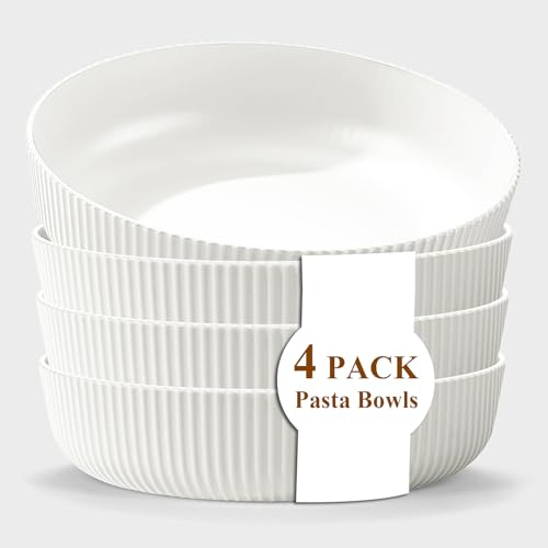 Kyraton Pasta Bowls Set of 4 White 1.1L Large Pasta Serving Bowl Plastic Unbreakable Serving Dishes (White)