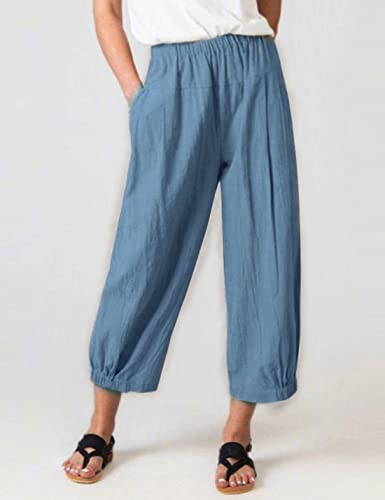 Image of Bozanly Womens Summer Capri Pants Elastic Waist Cotton Linen Yoga Cropped Pants Trousers(0520-DenimBlue1-XXL), XX-Large