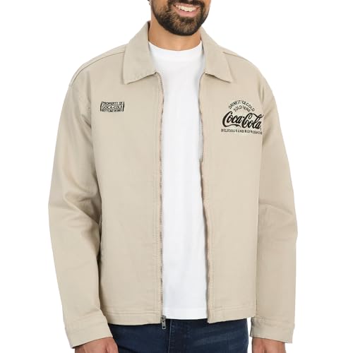 Coca-Cola Classic Stretch Cotton Twill Work Jacket for Men - Official License Retro Nostalgia Heritage Zip-Up Collared Jacket Taupe