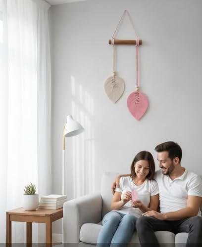 Image of AdFashionble Boho Macrame Wall Hanging Leaf Decor for Home, Living Room & Bedroom | Cotton Thread Art with Wooden Rod | Minimalist Handmade Wall Decoration | Aesthetic Nordic Wall Art for Home, Office & Gift Purpose Lenght- 58 cm Width- 15 cm (PASTEL PINK & OFFWHITE)