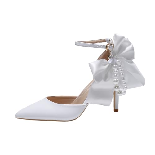 Women's Bridal Stilettos, Pearl Bow, Ankle Straps, White Heels, Wedding Shoes