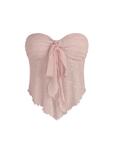 CIDER Summer Tube Tops for Women Floral Mesh Flowy Cute Tops Tie Front Strapless Sexy Going Out Tops: Light Pink, M