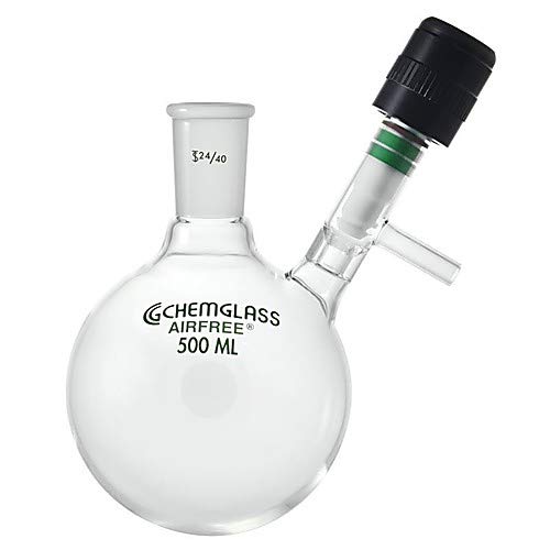 Chemglass AF-0529-04, Airfree Schlenk Single Neck Reaction Flask, Round Bottom, 250mL Capacity, 24/40 Outer Joint, 0-8mm Valve