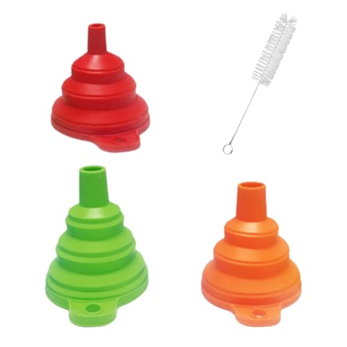 KEQAR Set de 3 embudos plegables de silicona – 3 colores, 3 tamaños, + cepillo limpiador, cocina y picnic