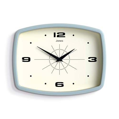 JONES CLOCKS® Movie Wall Clock | Rectangular Retro Clock | 10 inch | Pale Blue | Cool mid-Century Designer Look for Kitchen, Living Room or Office