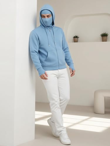 Image of ADRO Men Balaclava Hoodies | 320 GSM Soft Cotton Zipper Hoodie | Thumb-Hole Cuff Gloves | Travel Jacket with Hood | Winter Sweatshirt