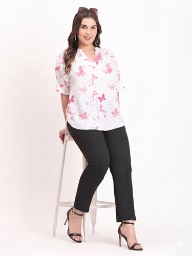 Image of SINDOORI Relaxed Fit Tops for Women Plus Size Solid Printed Mandarin Collar, Band Collar, V-Neck Top, Half Sleeve Loose Fit