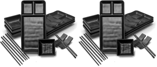 Image of Sushi Serving Set, with 4 Japanese Sushi Serving Plate, 4 Soy Sauce Dish, 4 pairs of chopsticks and 4 chopsticks stands- Melamine Serving Set for Sushi (Black) (Pack of 2)