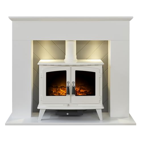 Adam Corinth Stove Fireplace in Pure White& Grey with Downlights& Woodhouse Electric Stove in Pure White, 48 Inch