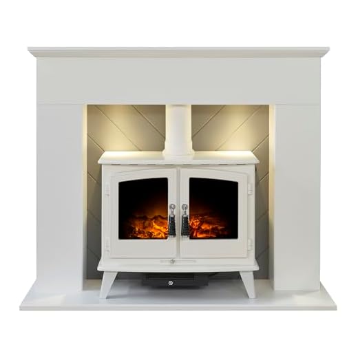 Adam Corinth Stove Fireplace in Pure White& Grey with Downlights & Woodhouse Electric Stove in White, 48 Inch