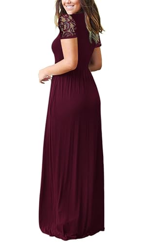 AUSELILY Womens Maxi Dress 2025 Summer Lace Short Sleeve V Neck Wrap Waist Long Dresses with Pockets3