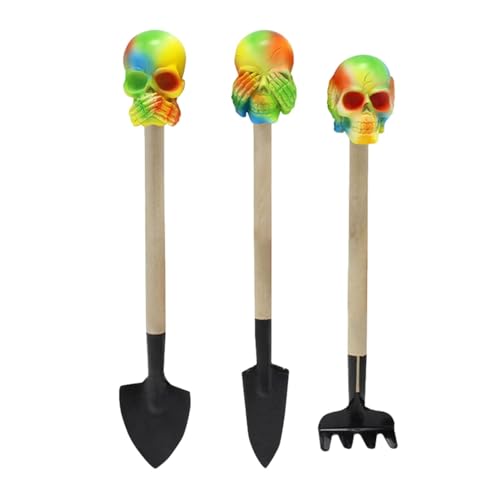 Herramientas de jardinería en miniatura, paleta rastrillo de jardinería | Pala de trasplante de 3 piezas Pala de jardín en miniatura con calavera | Herramienta de mano portátil herramienta de jardín d