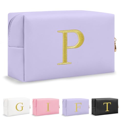 Personalized Gift Initial Makeup Bag,Preppy Gold Embroidered Letter Cosmetic Bag Stocking Stuffers for Teen Girls,Small Travel Toiletry Bag,Custom Christmas Birthday Gift for Women Mom Kids(Purple-P)