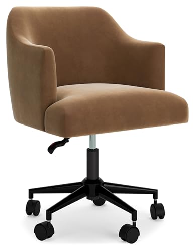 Signature Design by Ashley Austanny Contemporary Velvet Upholstered Swivel Home Office Desk Chair with Adjustable Height and Casters, Light Brown
