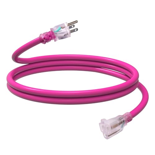 EP 6 Ft Outdoor Extension Cord with Lighted End, 12/3 Gauge SJTW Heavy Duty Extension Cable with 3 Prong Grounded Plug, 15AMP 1875W 12AWG, Pink, UL Listed