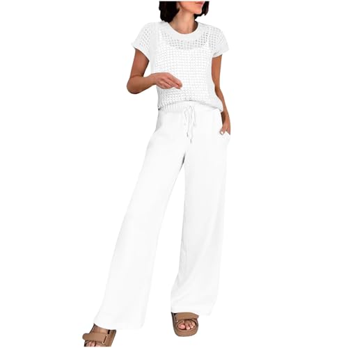 NSICBMNO 2 Piece Women’s Lounge Set Crochet Tops and Wide Leg Trousers