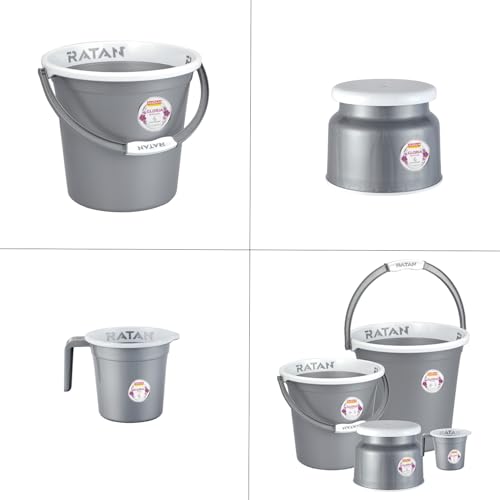 Image of RATAN PLASTICWARE Plastic Bathroom Set of 5 Pieces Combo Pack Gloria Plain, NIR Silver, 18 Liters & 20 Liters Bucket + Nova Stool Patla 107 + Two Gloria Plain Bath Mug 1 Liter