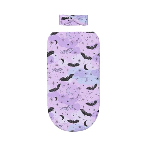 Image of KiuLoam Cute Bats On The Starry Sky Newborn Swaddle Set with Matching Bow, Baby Girl Newborn Receiving Swaddle Blanket Nursery Swaddle Wrap Toddler Warm