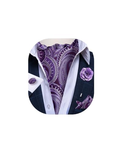 Image of DiBanGu Mens Silk Ascot Ties Paisley Jacquard Woven Cravat and Pocket Square Cufflinks with Lapel Pin for Business Wedding