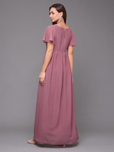 Image of Miss Chase Women's Round Neck Sleeve Embellished Fit Flare Maxi Dress