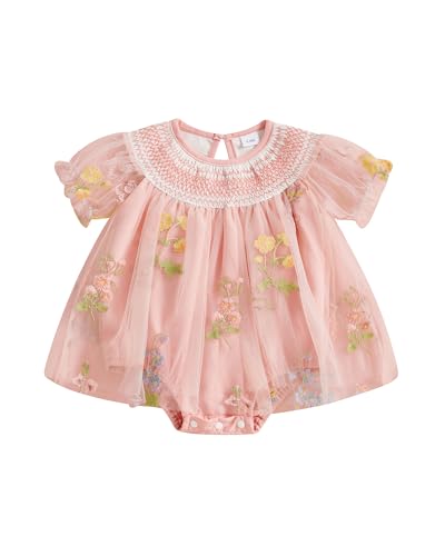 MBZJSDKHLK Infant Baby Girl Romper Dress Flower Embroidery Patchwork Mesh Short Sleeve Bodysuit Tulle Dress Princess Dress (A-Pink, 0-3 Months)