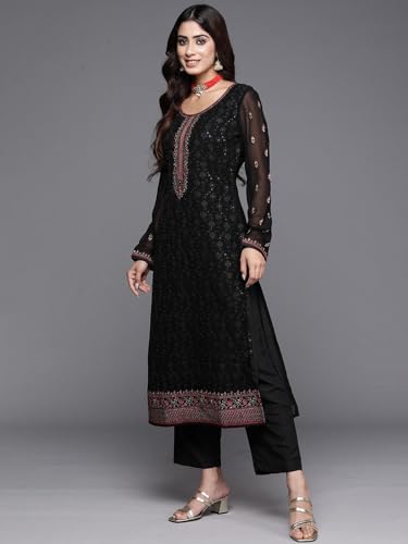 Image of Libas Embroidered Georgette Straight Kurta With Trouser and Dupatta