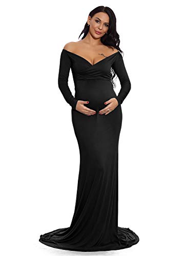 Ziumudy Maternity Off Shoulder Photo Shoot Photography Dress Solid Color Baby Shower Dress(X-Large, Black) #TOP1
