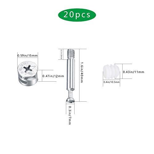 20PCS 3-in-1 Furniture Connection Kit, Eccentric Cam Lock Ø15mm and M6x40mm Dowel Screws, Pre-Inserted Ø11mm Plastic Nut, for Splicing Assembly of Table Cabinets