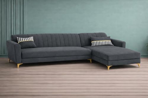 Image of Adorn India Premium Luster 6 Seater L Shape Sofa Set | Velvet Suede Fabric | 3-Year Warranty | RHS |Color Dark Grey with Golden Legs & Striped Pattern Cushion