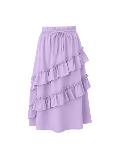 Image of Girls High Waisted Ruffle Maxi Skirt Soft Cotton Long Skirts with Elastic Waistband for Kid Girl 3-12 Years