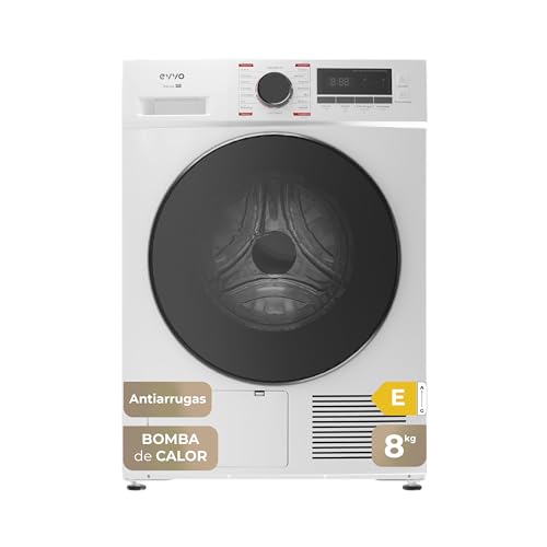 EVVO Secadora de Ropa Nature S8 E - Capacidad de 8kg, Efic. Energética E, Airfresh, Secadora Bomba de Calor, Sensor Humedad, Antiarrugas, Inicio Diferido, 16 Programas, Fácil Instalación, Blanco