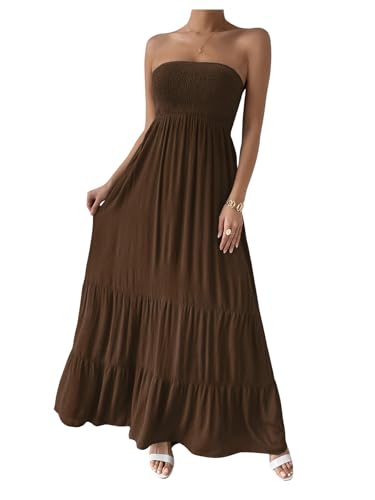 SOLY HUX Women's Strapless Tube Maxi Dress Shirred Sleeveless A Line Ruffle Hem Flowy Long Dresses Sundress4