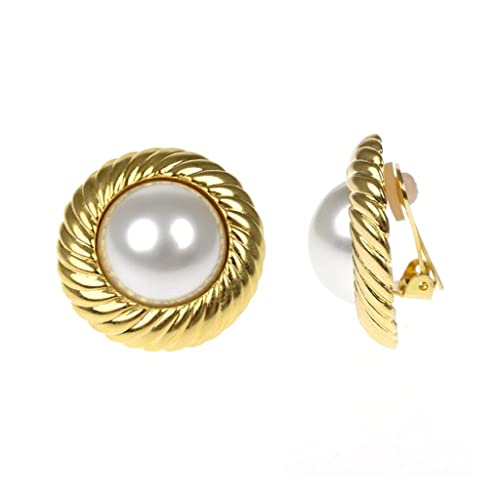 Kenneth Jay Lane Pearl Button Clip Earrings With Gold Rim (Polished Gold Twist Rim) #TOP2